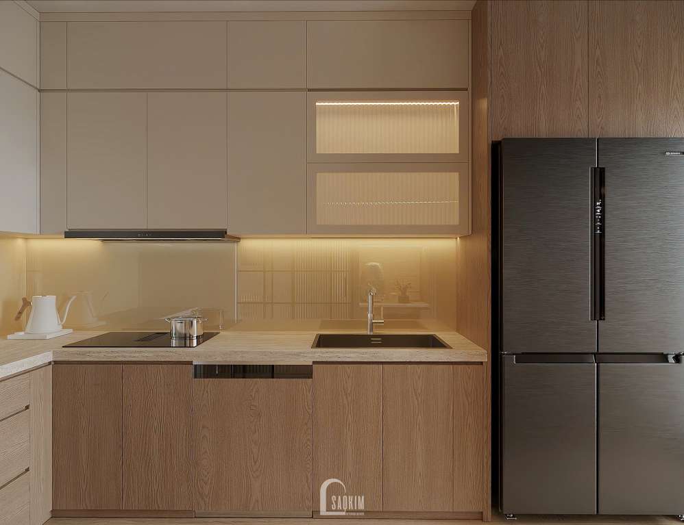 Thiết kế nội thất không gian phòng bếp mang phong cách Wabi Sabi tại chung cư 87m2 Hinode City
